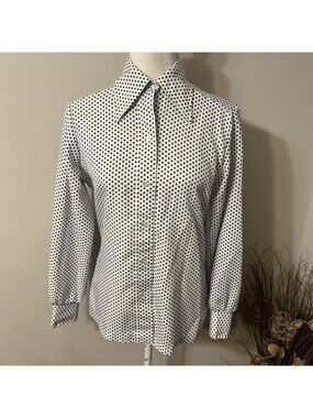 VTG 70s Lady Arrow Button Up Shirt Polka Dots White Blue Dagger Collar Size 12